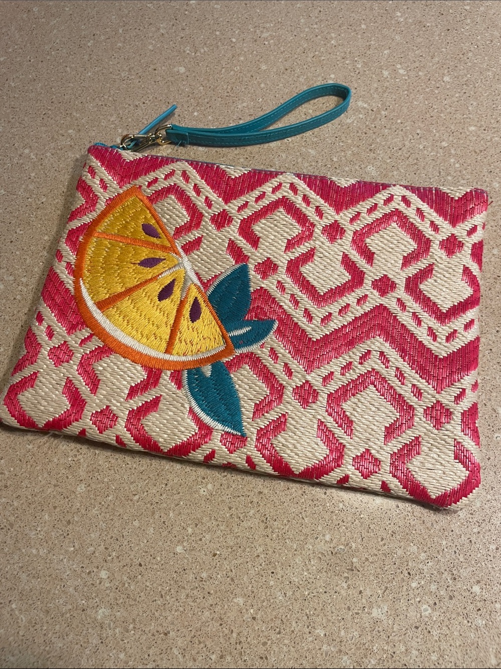 Vera Bradley Pink & Yellow Citrus Embroidered Wristlet